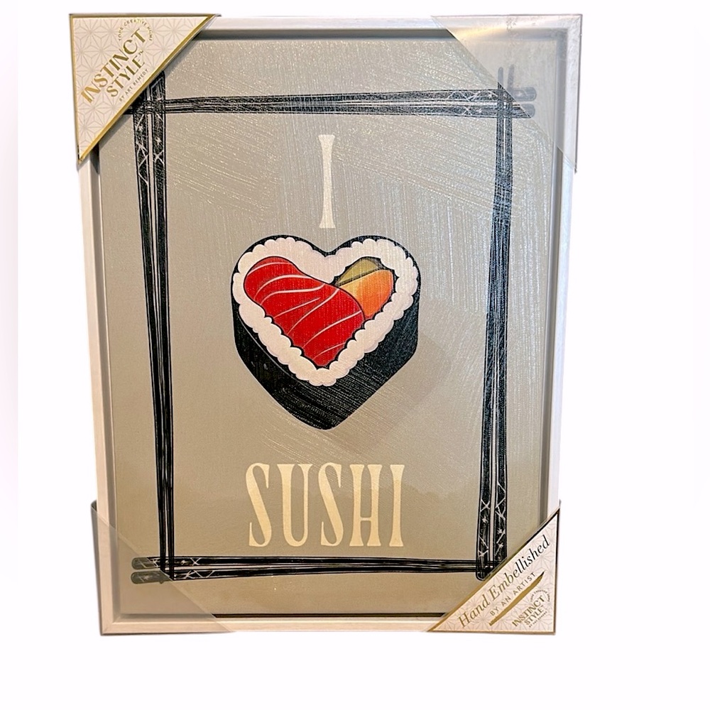 I Love Sushi Heart Embellished Canvas Wall Art